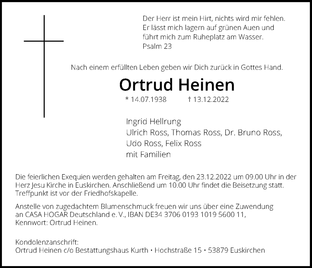  Traueranzeige für Ortrud Heinen vom 22.12.2022 aus Kölner Stadt-Anzeiger / Kölnische Rundschau / Express