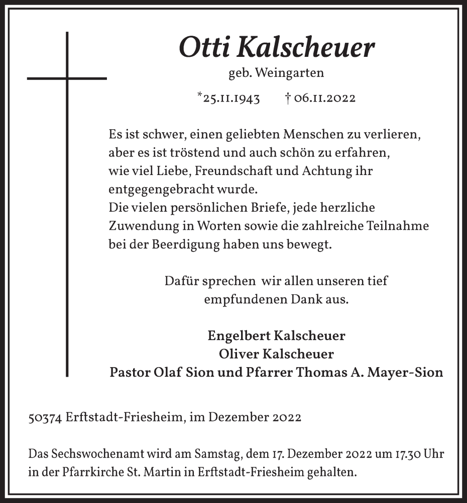  Traueranzeige für Otti Kalscheuer vom 02.12.2022 aus  Werbepost 