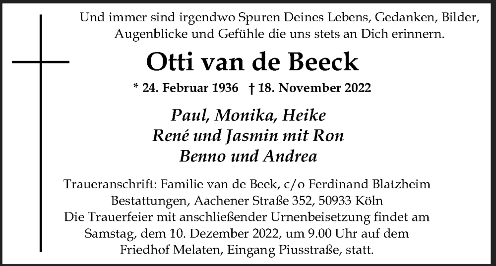  Traueranzeige für Otti van de Beeck vom 03.12.2022 aus Kölner Stadt-Anzeiger / Kölnische Rundschau / Express