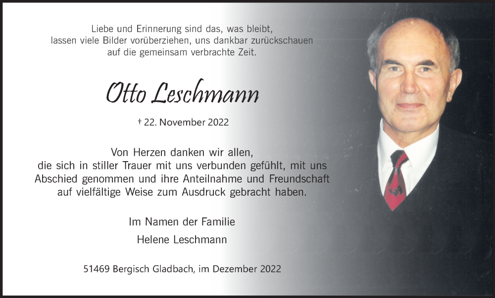  Traueranzeige für Otto Leschmann vom 17.12.2022 aus Kölner Stadt-Anzeiger / Kölnische Rundschau / Express