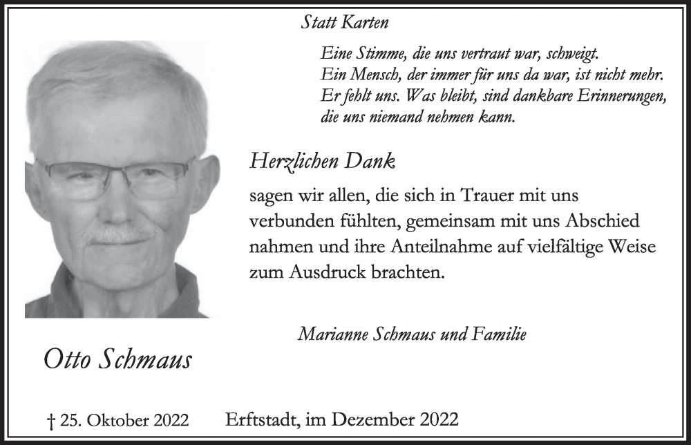  Traueranzeige für Otto Schmaus vom 16.12.2022 aus  Werbepost 