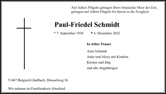 Anzeige von Paul-Friedel Schmidt von Kölner Stadt-Anzeiger / Kölnische Rundschau / Express