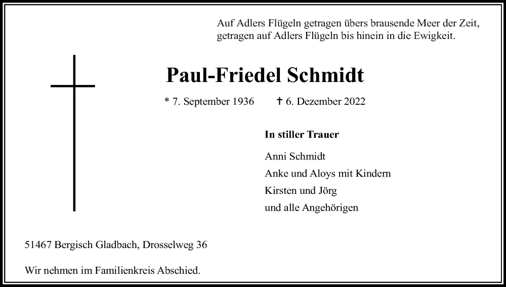  Traueranzeige für Paul-Friedel Schmidt vom 17.12.2022 aus Kölner Stadt-Anzeiger / Kölnische Rundschau / Express