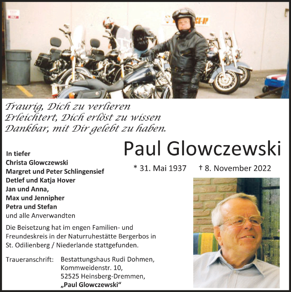  Traueranzeige für Paul Glowczewski vom 09.12.2022 aus  Werbepost 