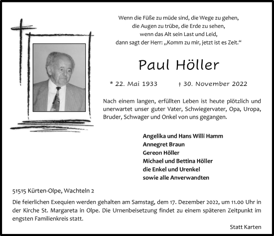 Anzeige von Paul Höller von  Bergisches Handelsblatt 