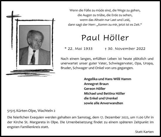 Anzeige von Paul Höller von Kölner Stadt-Anzeiger / Kölnische Rundschau / Express