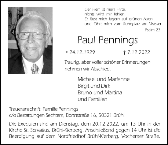 Anzeige von Paul Pennings von  Schlossbote/Werbekurier 