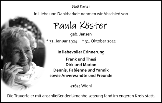 Anzeige von Paula Köster von Kölner Stadt-Anzeiger / Kölnische Rundschau / Express