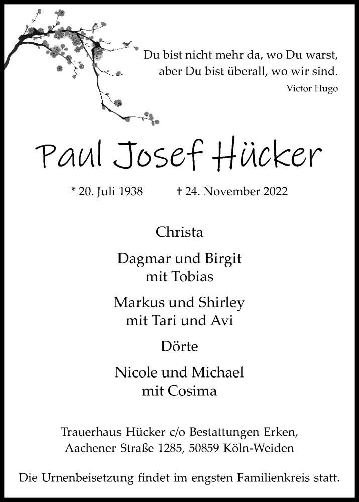  Traueranzeige für Paul Josef Hücker vom 10.12.2022 aus Kölner Stadt-Anzeiger / Kölnische Rundschau / Express