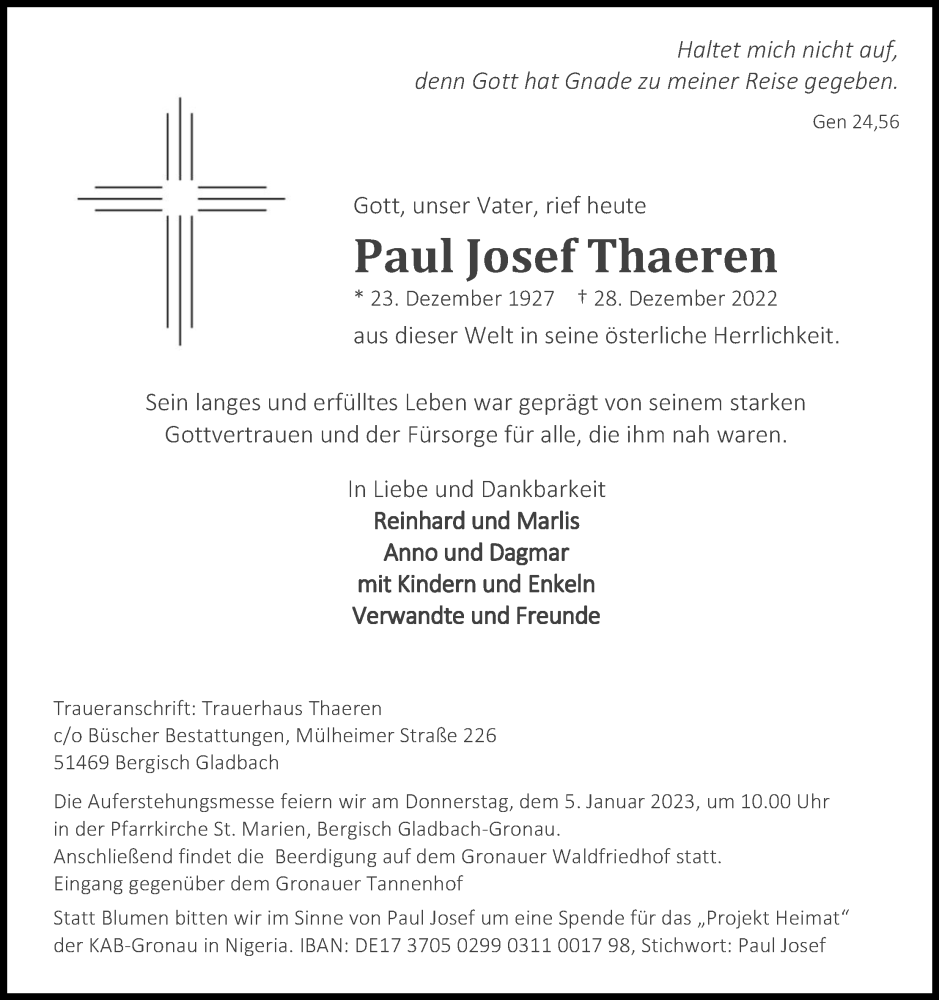  Traueranzeige für Paul Josef Thaeren vom 31.12.2022 aus Kölner Stadt-Anzeiger / Kölnische Rundschau / Express
