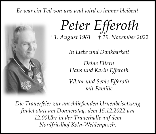 Anzeige von Peter Efferoth von Kölner Stadt-Anzeiger / Kölnische Rundschau / Express