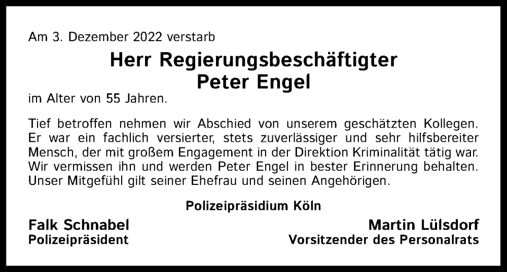 Traueranzeige für Peter Engel vom 14.12.2022 aus Kölner Stadt-Anzeiger / Kölnische Rundschau / Express