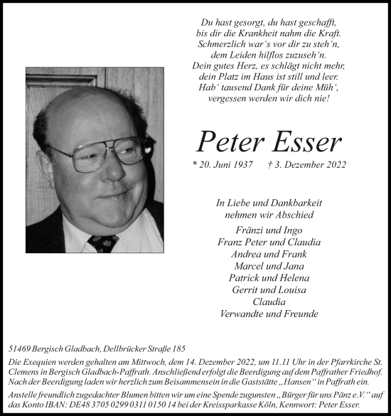Anzeige von Peter Esser von Kölner Stadt-Anzeiger / Kölnische Rundschau / Express
