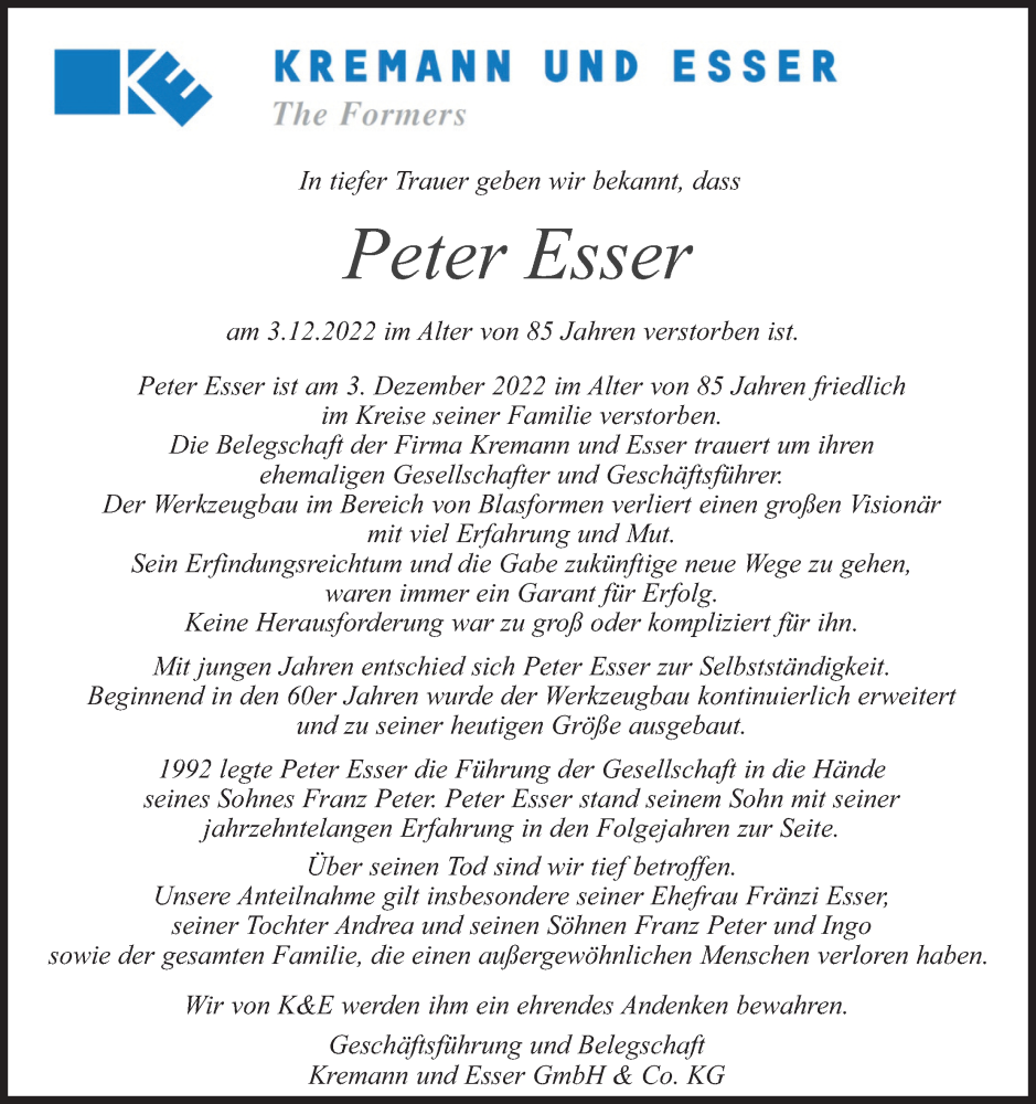  Traueranzeige für Peter Esser vom 10.12.2022 aus Kölner Stadt-Anzeiger / Kölnische Rundschau / Express