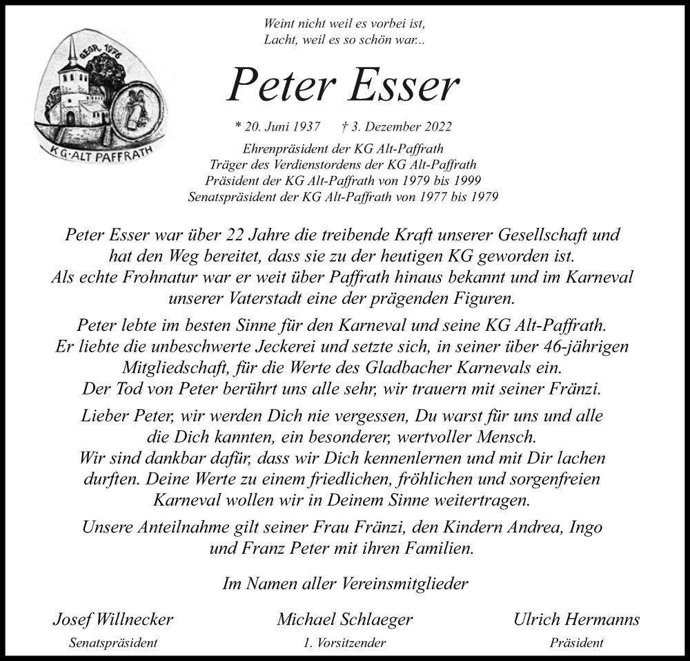  Traueranzeige für Peter Esser vom 10.12.2022 aus Kölner Stadt-Anzeiger / Kölnische Rundschau / Express