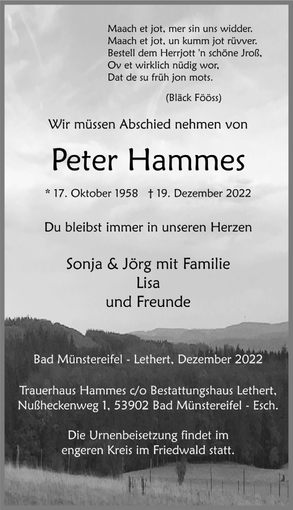  Traueranzeige für Peter Hammes vom 23.12.2022 aus  Blickpunkt Euskirchen 