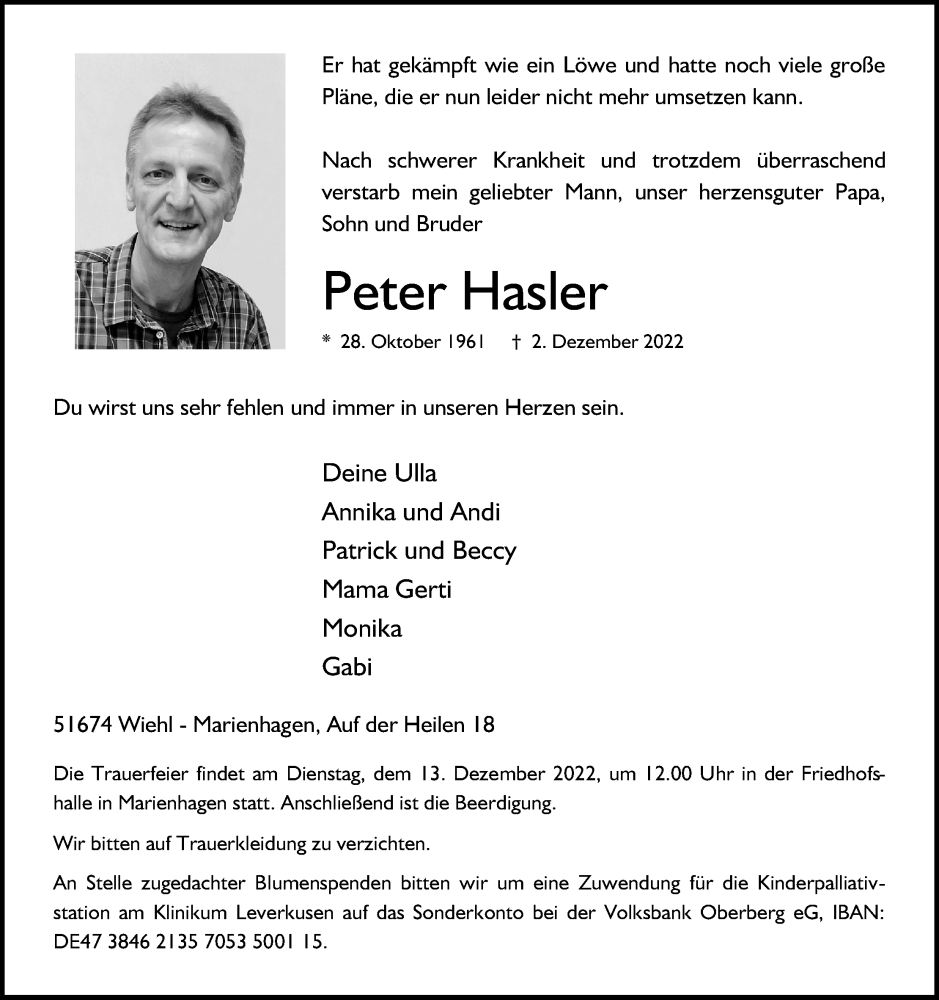  Traueranzeige für Peter Hasler vom 09.12.2022 aus Kölner Stadt-Anzeiger / Kölnische Rundschau / Express