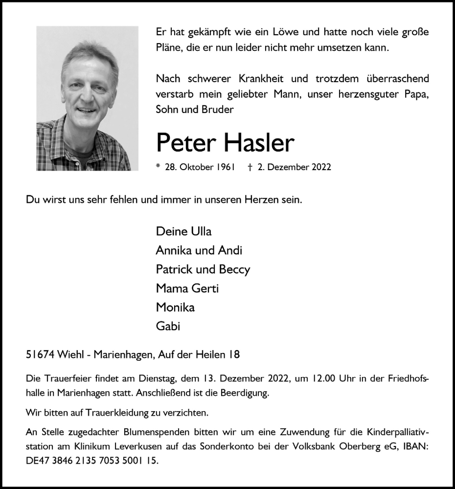  Traueranzeige für Peter Hasler vom 09.12.2022 aus  Anzeigen Echo 