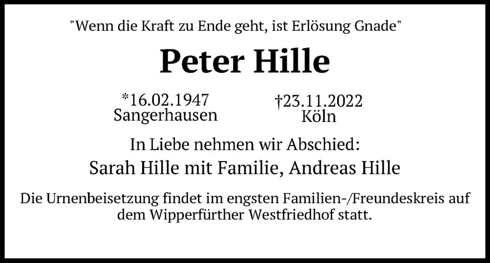 Traueranzeige für Peter Hille vom 05.12.2022 aus Kölner Stadt-Anzeiger / Kölnische Rundschau / Express