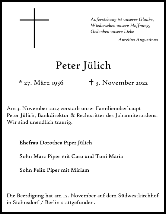 Anzeige von Peter Jülich von Kölner Stadt-Anzeiger / Kölnische Rundschau / Express