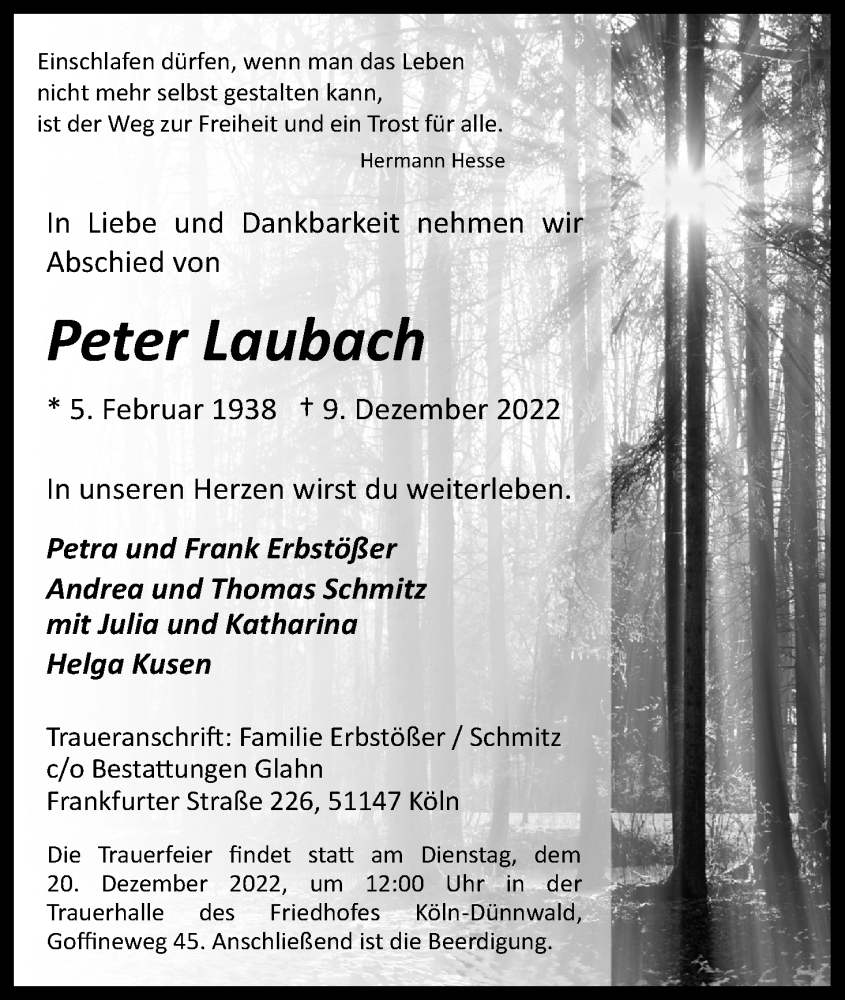  Traueranzeige für Peter Laubach vom 17.12.2022 aus Kölner Stadt-Anzeiger / Kölnische Rundschau / Express
