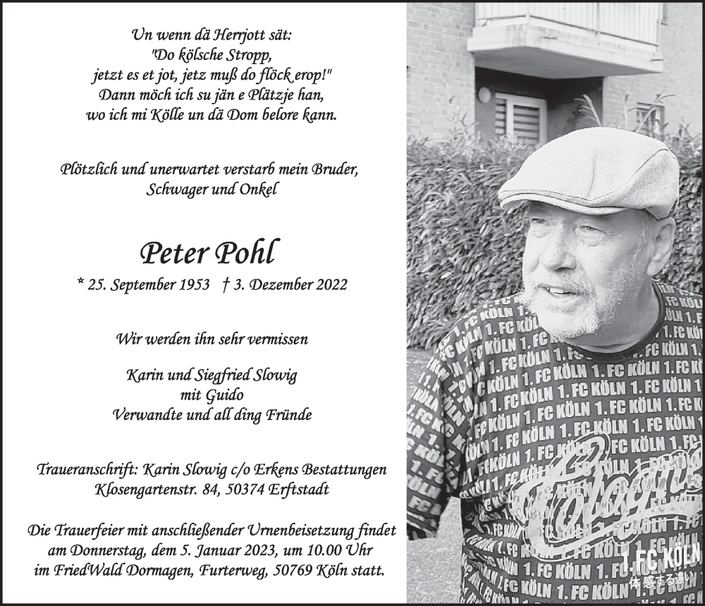  Traueranzeige für Peter Pohl vom 29.12.2022 aus  Werbepost 
