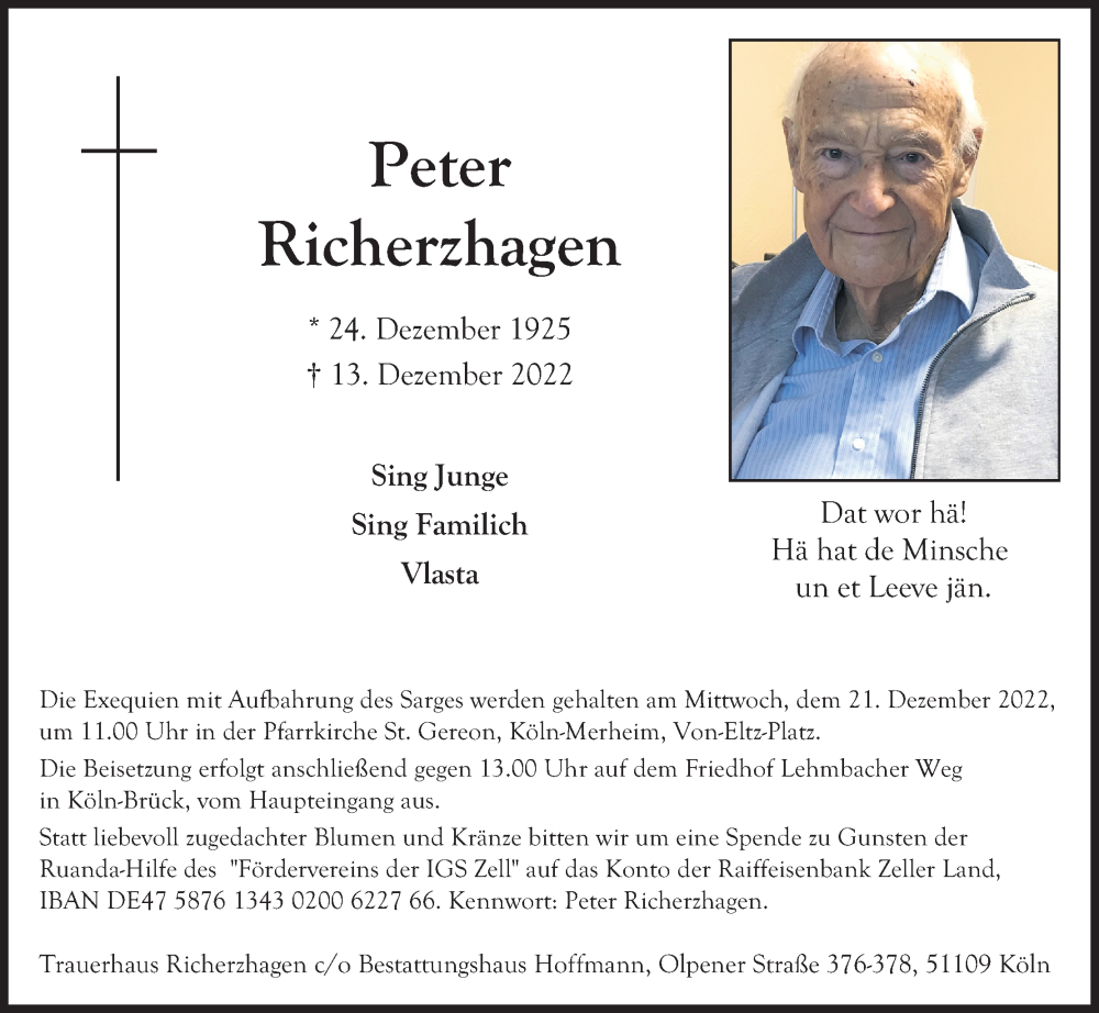  Traueranzeige für Peter Richerzhagen vom 17.12.2022 aus Kölner Stadt-Anzeiger / Kölnische Rundschau / Express