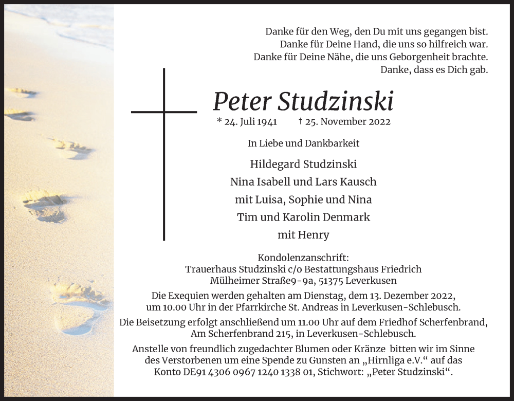  Traueranzeige für Peter Studzinski vom 03.12.2022 aus Kölner Stadt-Anzeiger / Kölnische Rundschau / Express