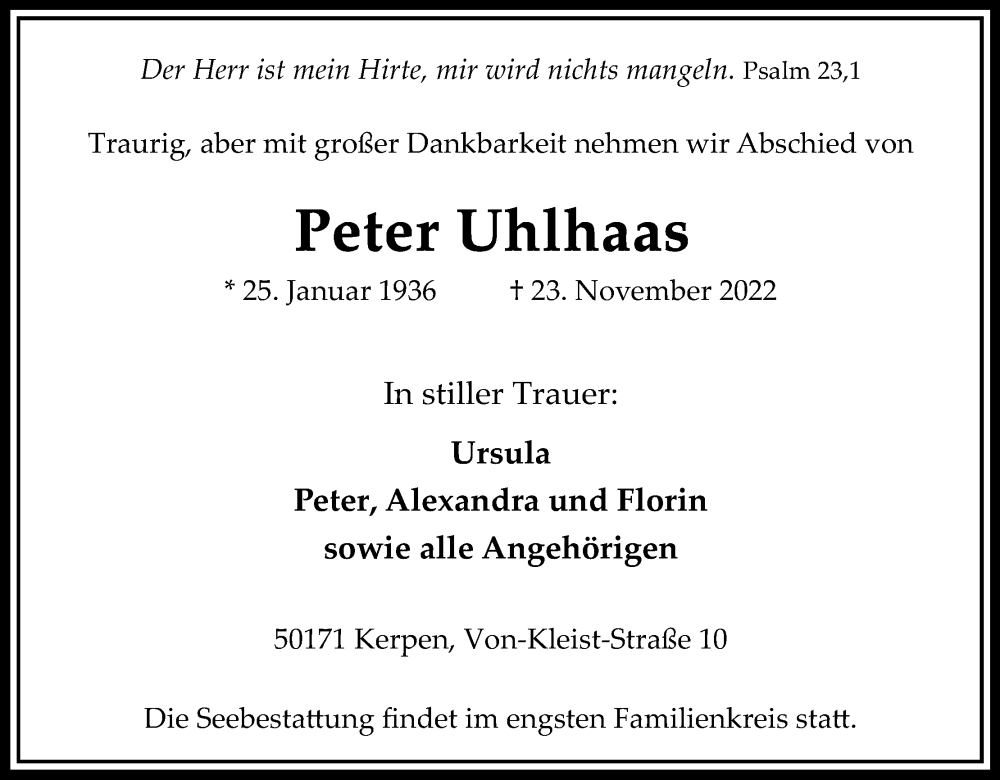  Traueranzeige für Peter Uhlhaas vom 03.12.2022 aus Kölner Stadt-Anzeiger / Kölnische Rundschau / Express