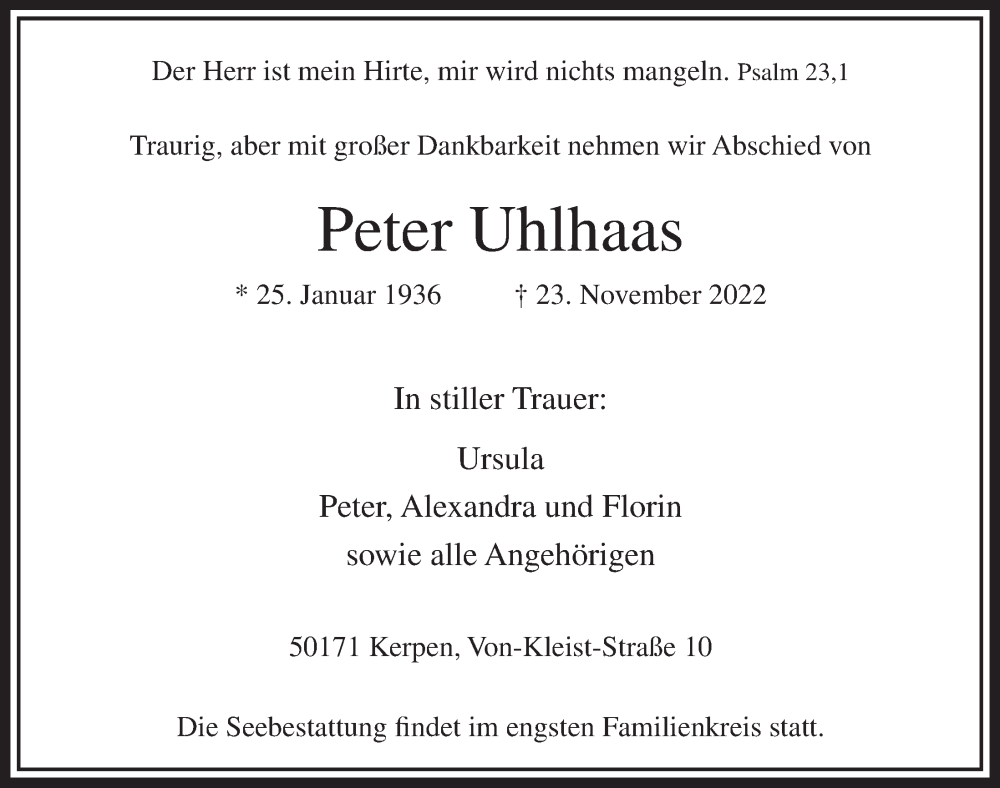  Traueranzeige für Peter Uhlhaas vom 02.12.2022 aus  Werbepost 