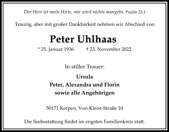 Anzeige von Peter Uhlhaas von Kölner Stadt-Anzeiger / Kölnische Rundschau / Express