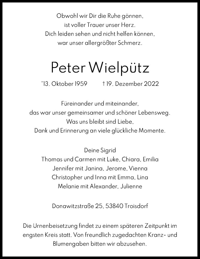  Traueranzeige für Peter Wielpütz vom 31.12.2022 aus Kölner Stadt-Anzeiger / Kölnische Rundschau / Express