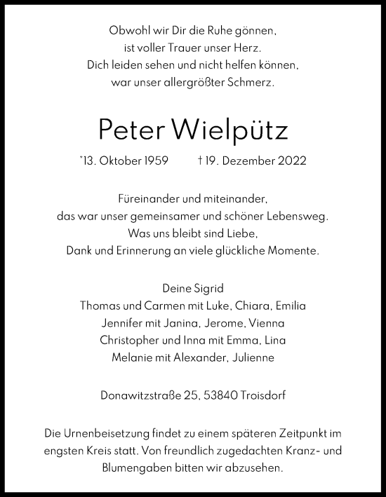 Anzeige von Peter Wielpütz von Kölner Stadt-Anzeiger / Kölnische Rundschau / Express