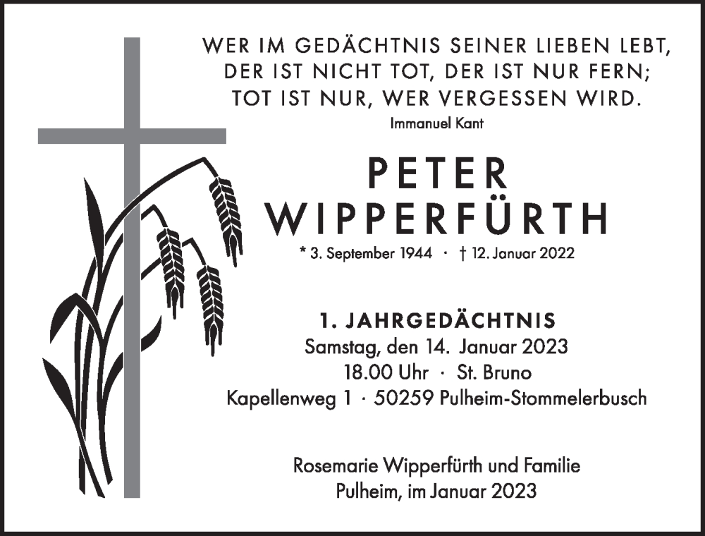  Traueranzeige für Peter Wipperfürth vom 29.12.2022 aus  Wochenende  Werbepost 