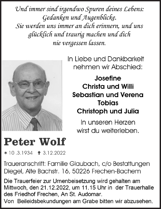 Anzeige von Peter Wolf von  Wochenende 