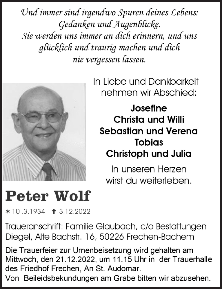  Traueranzeige für Peter Wolf vom 09.12.2022 aus  Wochenende 