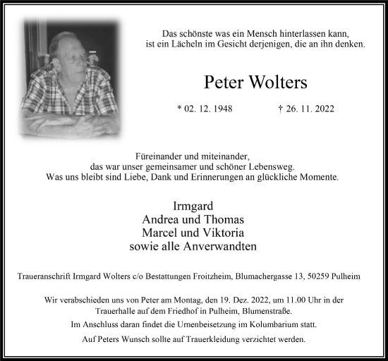 Anzeige von Peter Wolters von  Wochenende 
