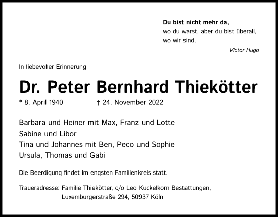 Anzeige von Peter Bernhard Thiekötter von Kölner Stadt-Anzeiger / Kölnische Rundschau / Express
