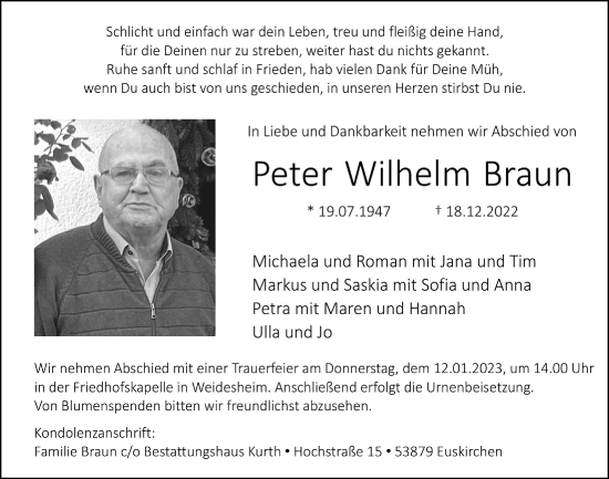 Anzeige von Peter Wilhelm Braun von  Blickpunkt Euskirchen 