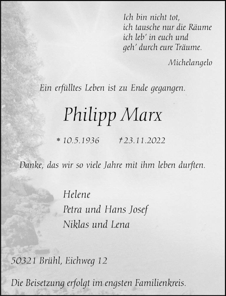  Traueranzeige für Philipp Marx vom 02.12.2022 aus  Schlossbote/Werbekurier 