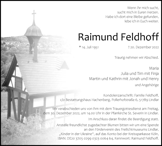 Anzeige von Raimund Feldhoff von Kölner Stadt-Anzeiger / Kölnische Rundschau / Express