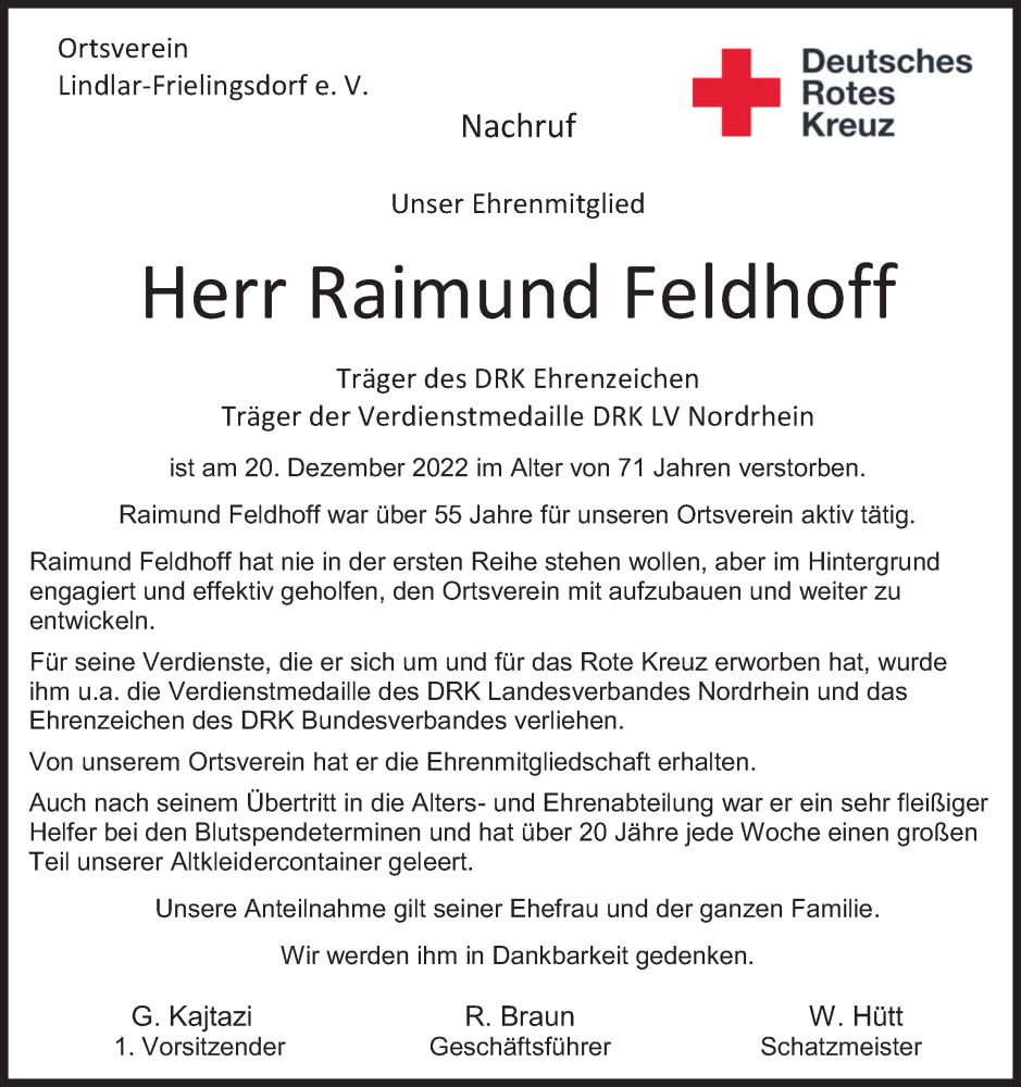  Traueranzeige für Raimund Feldhoff vom 31.12.2022 aus Kölner Stadt-Anzeiger / Kölnische Rundschau / Express