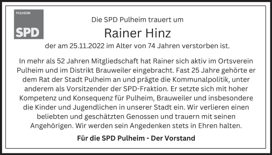Anzeige von Rainer Hinz von  Wochenende 