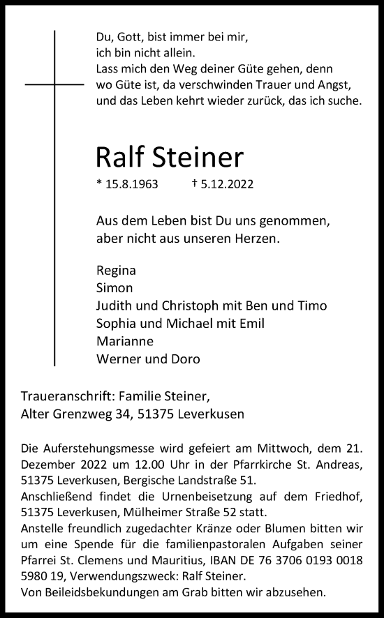Anzeige von Ralf Steiner von Kölner Stadt-Anzeiger / Kölnische Rundschau / Express