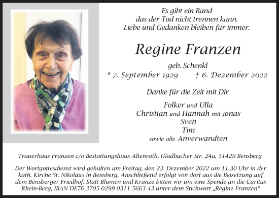 Anzeige von Regine Franzen von Kölner Stadt-Anzeiger / Kölnische Rundschau / Express