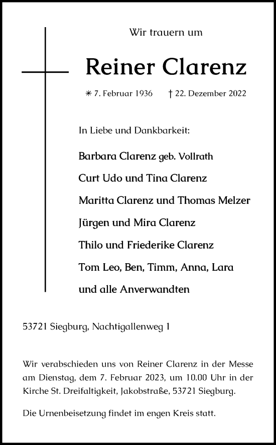 Anzeige von Reiner Clarenz von Kölner Stadt-Anzeiger / Kölnische Rundschau / Express