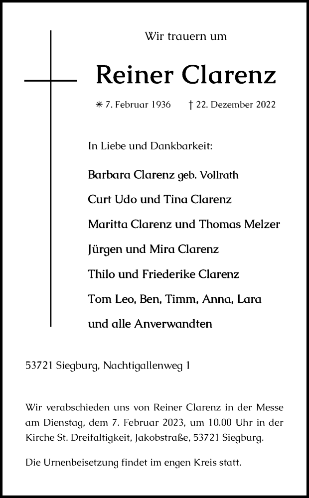  Traueranzeige für Reiner Clarenz vom 31.12.2022 aus Kölner Stadt-Anzeiger / Kölnische Rundschau / Express