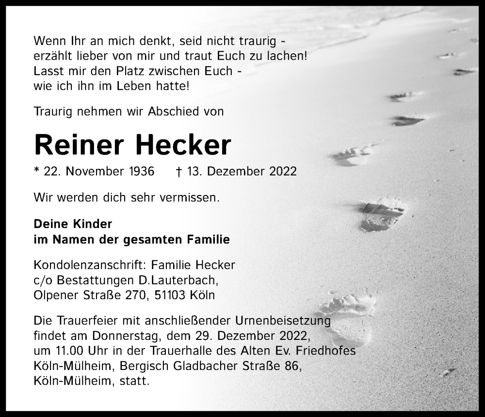  Traueranzeige für Reiner Hecker vom 24.12.2022 aus Kölner Stadt-Anzeiger / Kölnische Rundschau / Express