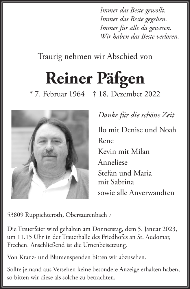  Traueranzeige für Reiner Päfgen vom 29.12.2022 aus  Wochenende 