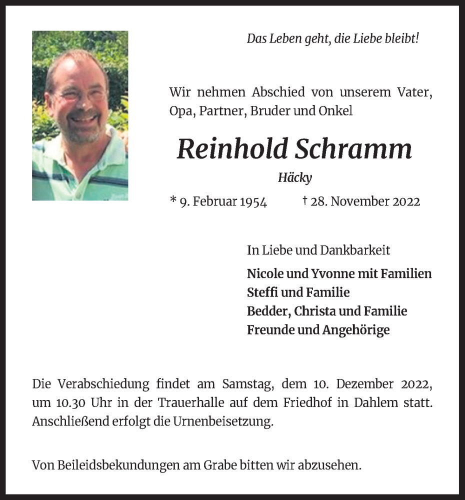  Traueranzeige für Reinhold Schramm vom 06.12.2022 aus Kölner Stadt-Anzeiger / Kölnische Rundschau / Express